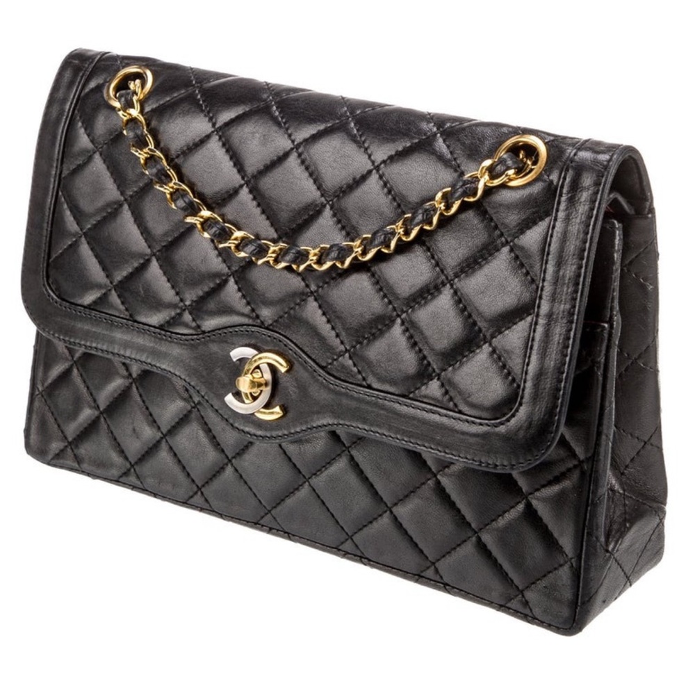 Limited Edition Silver & Gold Chanel Black Quilted Leather Chain Bag